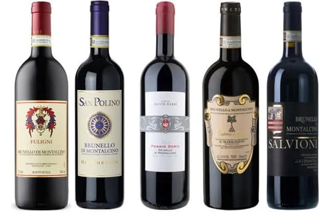 Cinque bottiglie di Brunello di Montalcino di produttori diversi
