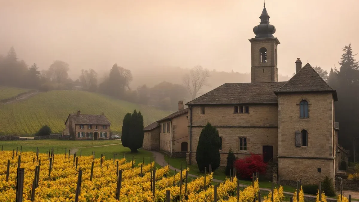 Villaggio di pietra tra i vigneti della Borgogna in autunno