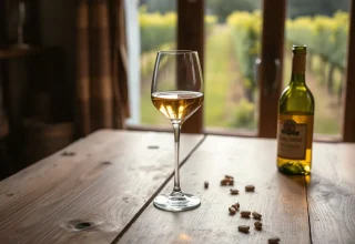 Calice di vino bianco dorato su un tavolo di legno