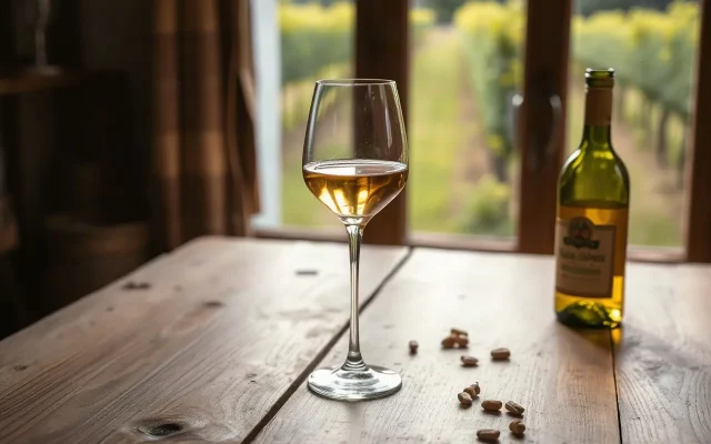 Calice di vino bianco dorato su un tavolo di legno