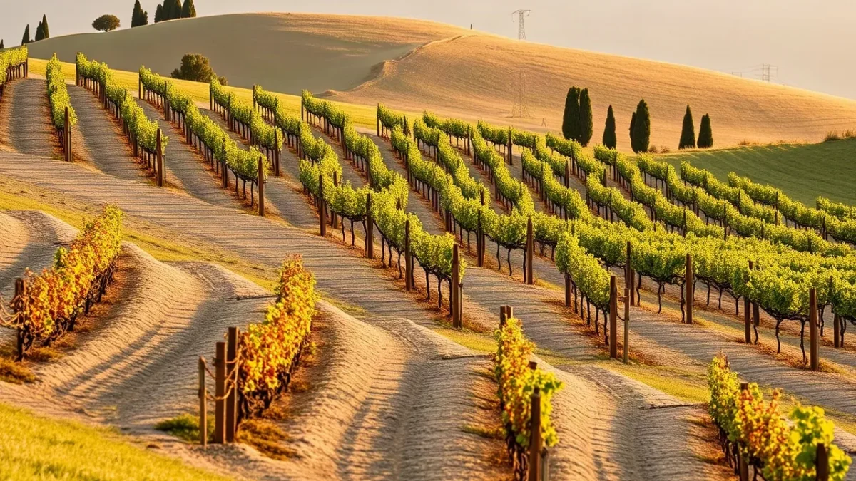 Filari di vigna su colline argillose vicino alla costa toscana