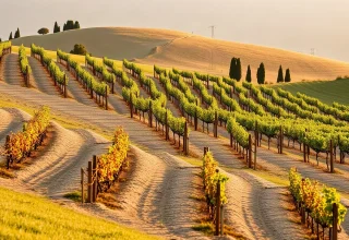 Filari di vigna su colline argillose vicino alla costa toscana